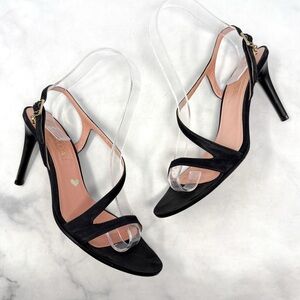 ESCADA Vintage Y2K Heart Dangle Charm Silk Satin Strappy Sandal Heels Black 37.5
